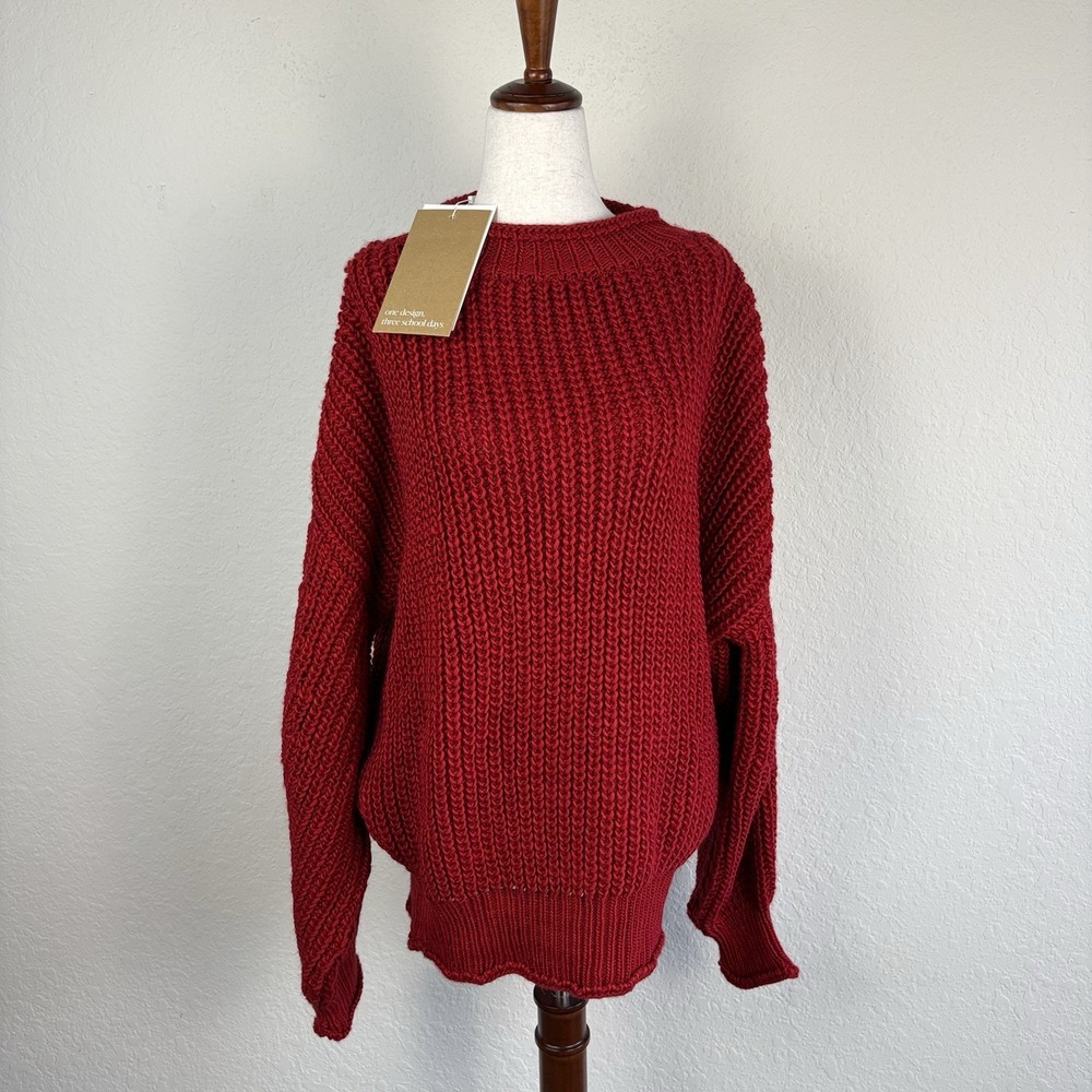 Marcella L Audrey Sweater Oversized Red Chunky Knit Fisherman Wool Roll neck NYC - Picture 4 of 10